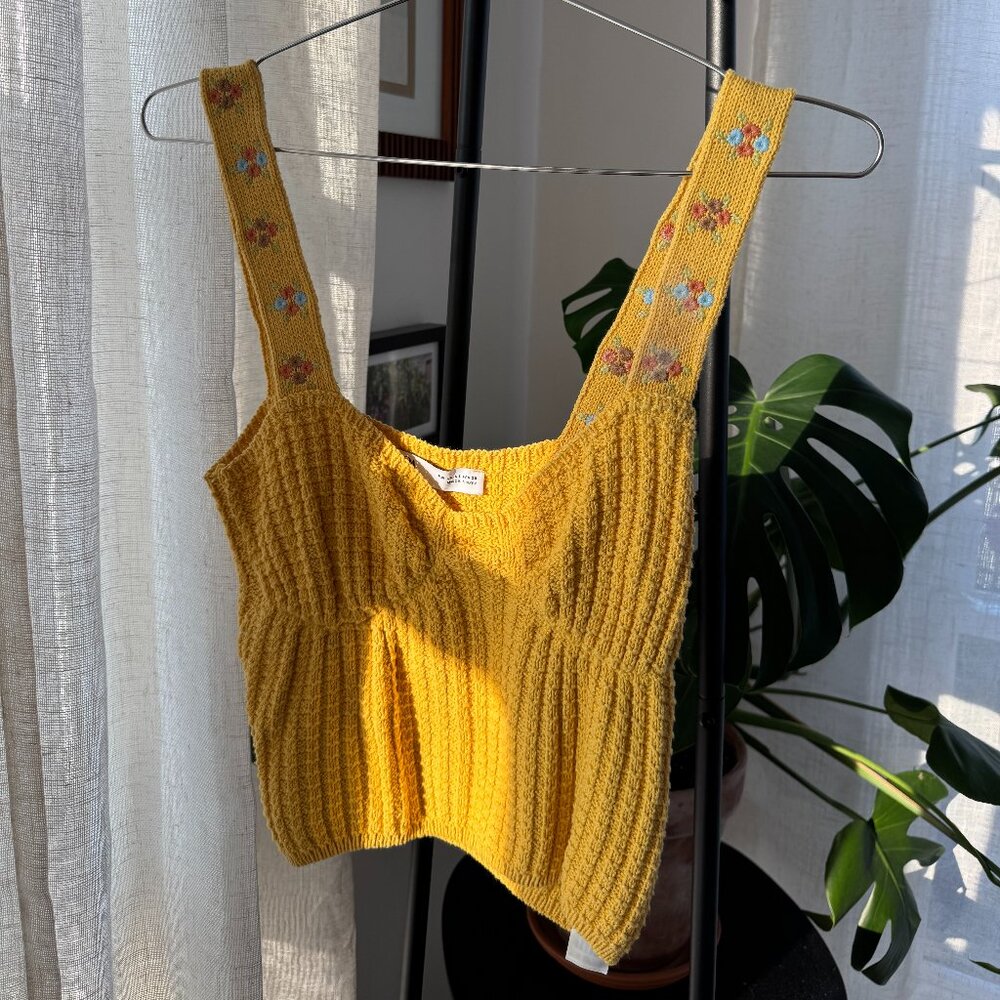ZARA Yellow Knit Textured Tank with Floral Embroidered Straps – Size L
